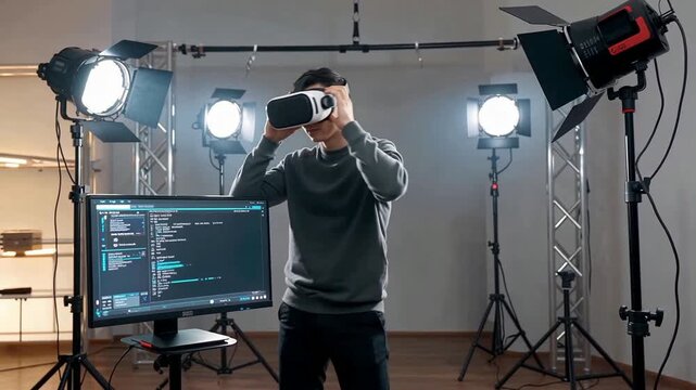 Man wearing VR headset in studio with computer and lights.