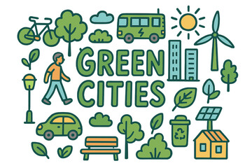 Fototapeta premium Green City Doodles. Green Cities. Hand-drawn doodle illustration of Green Cities. Bicycle, tree, electric bus,