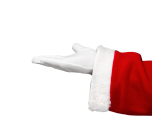 Santa Claus hand presenting your text or product over transparent background, png file