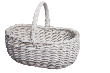 Obraz premium Oval-shaped wicker basket with round handle painted white on white background, empty wicker container, basket isolated on white, copy space