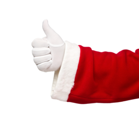 Santa Claus hand showing thumbs up isolated on transparent background, png file