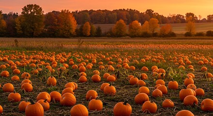 Vibrant Pumpkin Patch at Sunset with Autumn Trees in the Background.