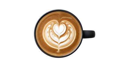 Heart Latte Art: Top View Coffee Drink in Black Cup | Fresh Espresso Beverage & Morning Caffeine Isolated on Transparent Background