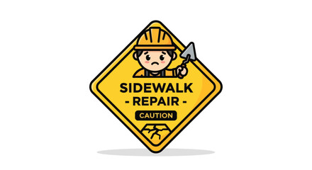 Sidewalk Repair Ahead Sign With Cartoon Constructor In Safety Gear For Public Safety