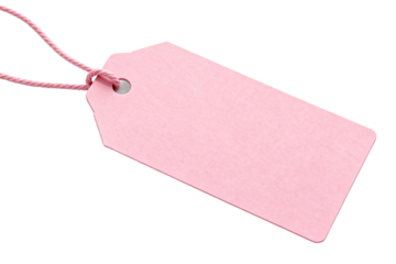 A pink rectangular tag with a string for hanging