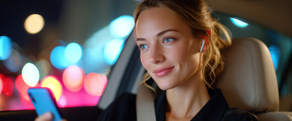 Young woman sitting in car at night using smartphone with wireless earbuds and colorful city lights blurred in background