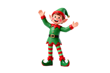 Cheerful Christmas elf dressed in green and red outfit with outstretched arms