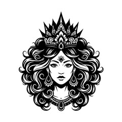 Intricate black and white illustration of a queen with a detailed crown, curly hair, and ornate jewelry, featuring a majestic and elegant design.