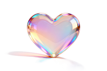 A colorful heart-shaped object with iridescent colors and a shiny appearance