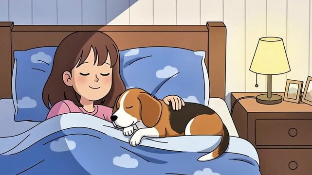 young Woman and Her Adorable Beagle Dog Sleeping Peacefully Together in Bed in cartoon style.