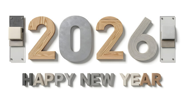 3D rendering of '2026' in wood and concrete textures with 'HAPPY NEW YEAR' text below, isolated on a white background, symbolizing the upcoming year's celebration. - Powered by Adobe