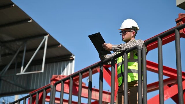 Professional engineer reviewing inspection checklist at hydraulic infrastructure facility outdoors
