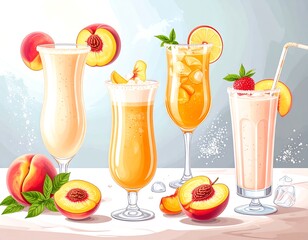 Summer peach drinks on a light table