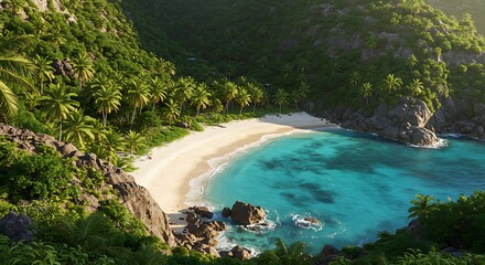 Stunning Tropical Beach with Turquoise Water and Lush Green Hills.