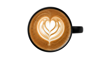 Coffee Latte Art Heart: Warm Beverage in Black Mug for Cafe Morning Delight. Top View. Isolated on Transparent Background