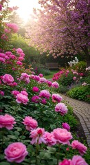 Enchanting Rose Garden Path in Soft Sunlight.