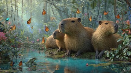 Four capybaras watch butterflies over a serene pond in a lush, floral jungle setting. A frog sits nearby