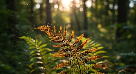 Sunlit Fern in Lush Forest with Golden Hour Glow.