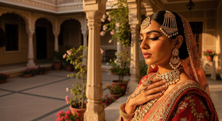 Elegant Indian bride in traditional red lehenga and ornate jewelry, gazing thoughtfully in a sunlit palace courtyard.