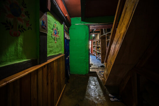 Ha, Bhutan - 26 September 2025: View of a dimly lit corridor with vibrant green walls adorned with floral art, leading to a room filled with books and wooden shelves. - Powered by Adobe