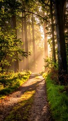 Obraz premium Forest path bathed in golden light filtering through tall trees creating a serene and enchanting woodland scene