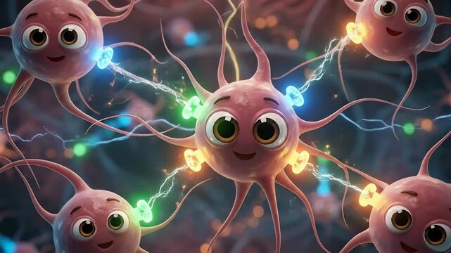 Cute Cartoon Neurons Communicating with Electrical Pulses and Glowing Lights on a Dark Textured Background