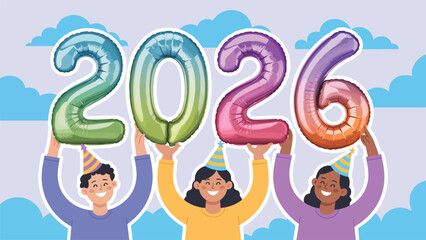 Diverse People Holding Iridescent 2026 Balloon Letters in Modern Celebratory Illustration
