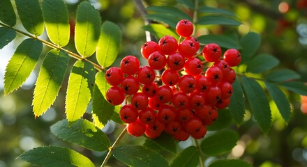 Vibrant Red Berries on a Green Leafy Branch.