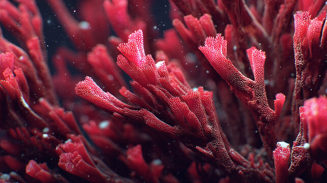 Close-up of vibrant red marine algae, showcasing its intricate structure and color.
