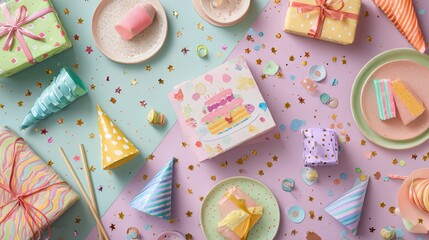 Overhead shot of a festive birthday party spread gifts, party hats, confetti, cake imagery, plates, and sweets in pastel colors