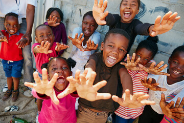 Portrait, outreach and excited with children outdoor for youth drive, community service or welfare...