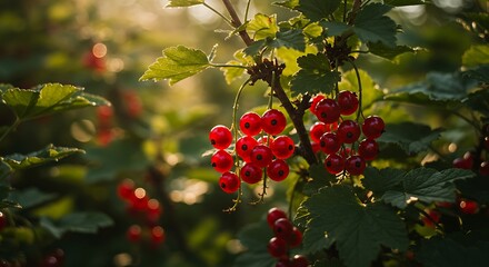 Vibrant Red Currants Bathed in Golden Sunlight on a Bush.