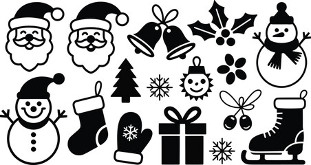 Black and White Christmas Silhouette Icons Collection on White Background