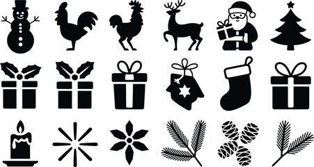 Black and White Christmas Icons Grid Illustration with Silhouettes