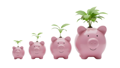 Financial Growth & Investment: Progressive Piggy Banks Nurturing Plants, Symbolizing Savings & Future Prosperity. Isolated on Transparent Background
