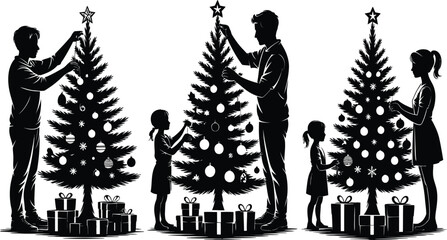 Black and White Silhouette Illustration of Families Decorating Christmas Trees