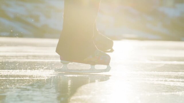 A graceful figure skater glides effortlessly across a shimmering frozen lake, showcasing brightly colored ice skates that reflect the sunlight on the smooth ice surface, capturing the essence of