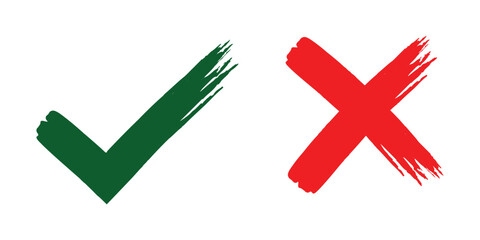 Check tick mark icon set. Cross box x check mark checkbox list vector draw hand drawn sketch doodle brush marker checklist symbol wrong right circle. hand drawn, grunge X  sign. hand drawn tick mark. © Hike Studio 888