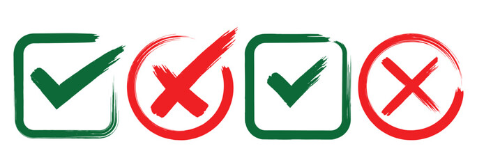 Tick, cross signs for checkbox, checklist, v and x in sketch doodle brush marker checklist symbol. Check marks and crosses in varied styles, ideal for approval, rejection, or selection icons. 