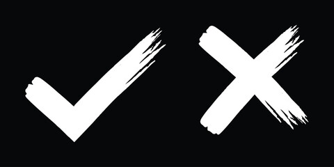 Tick & cross mark grunge brush vector symbols. Yes & no sign for approval and rejection. Grunge hand drawn with brush strokes cross x and tick OK check marks. Right & wrong signs in brush marker style © Hike Studio 888