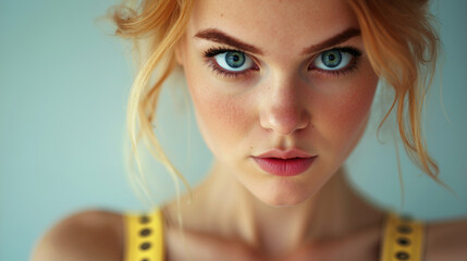 Close up of caucasian woman with waist change tape, blonde hair and intense blue eyes looking directly at camera. Beauty, fitness, diet and emotion concept