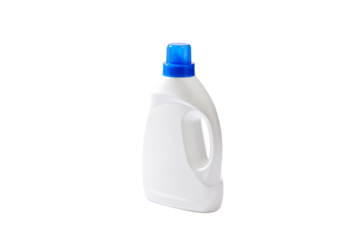A white plastic bottle with a blue cap for liquid detergent