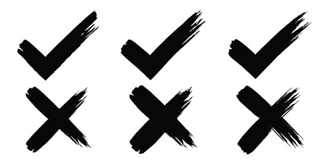 Check tick mark icon set. Cross box x check mark checkbox v list draw hand drawn sketch doodle brush marker checklist symbol wrong right circle. Grunge x sign. Delete icon. hand drawn X sign . EPS 10. © Hike Studio 888