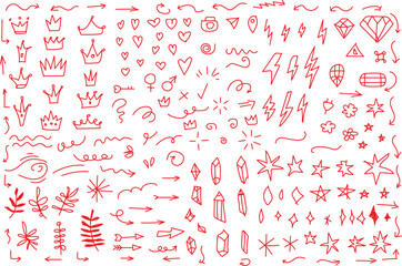 Vector set of different crowns, hearts, stars, crystals, sparkles, arrows, lightnings, diamonds, signs and symbols. Collection of decorative symbols and embellishments. A diverse graphic set featuring