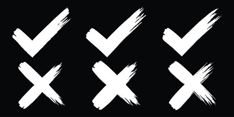 Check tick mark icon set. Cross box x check mark checkbox list vector draw hand drawn sketch doodle brush marker checklist symbol wrong right circle. hand drawn, grunge X  sign. hand drawn tick mark. © Hike Studio 888