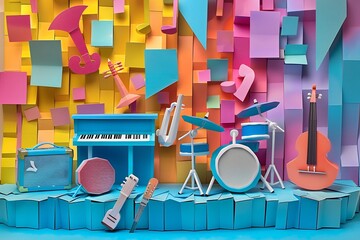 Colorful musical instruments displayed against a vibrant abstract background
