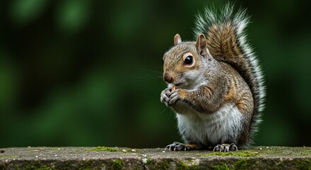 A focused squirrel perched on a mossy stone, engrossed in devouring a nut against a green backdrop.
