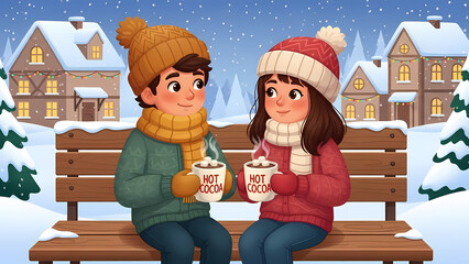 Cute Children Drinking Hot Cocoa on Bench in Snowy Christmas Village Night Cartoon Illustration