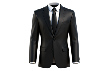 Elegant black formal suit with white shirt and black tie for professional look