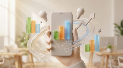 Smartphone with business graph and growth arrow in a modern office setting